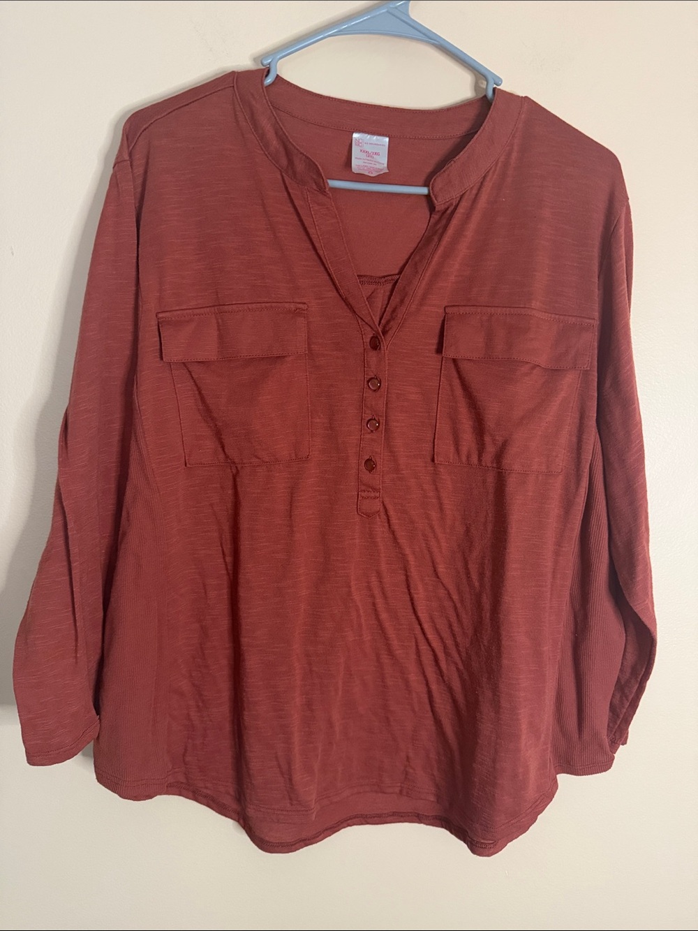 Relaxed Rust Button-Front Long Sleeve Top